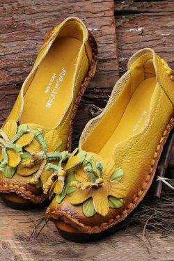 Y2K Grunge Boho Retro Splicing Flat Shoes - Yellow Faux Leather Floral 90s Fashion
