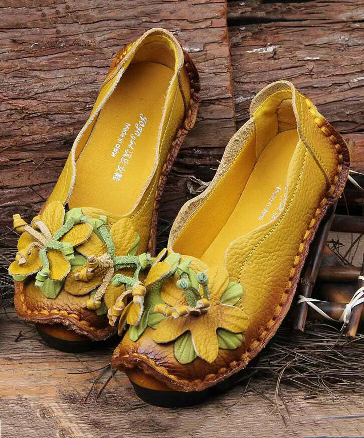 Y2K Grunge Boho Retro Splicing Flat Shoes - Yellow Faux Leather Floral 90s Fashion