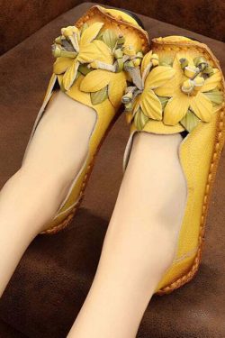Y2K Grunge Boho Retro Splicing Flat Shoes - Yellow Faux Leather Floral 90s Fashion