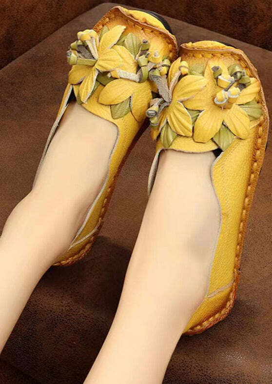 Y2K Grunge Boho Retro Splicing Flat Shoes - Yellow Faux Leather Floral 90s Fashion