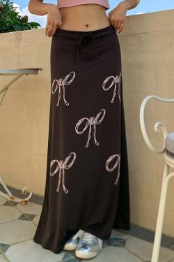 Y2K Grunge Bow Print Maxi Skirt - Retro 90s Fashion, Summer Y2K Outfits, Pastel Goth Style
