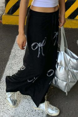 Y2K Grunge Bow Print Maxi Skirt - Retro 90s Fashion, Summer Y2K Outfits, Pastel Goth Style