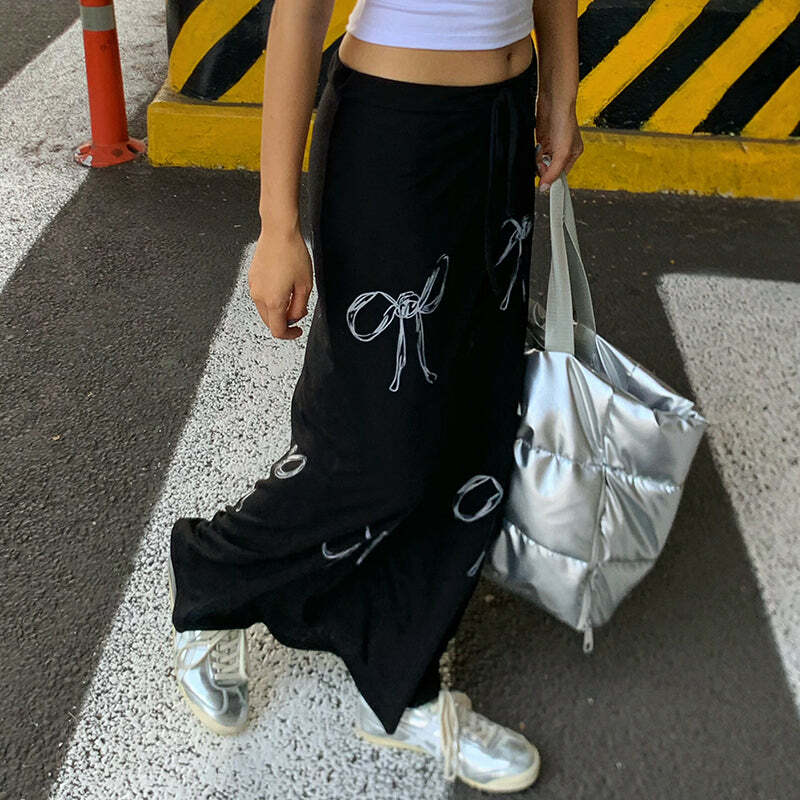 Y2K Grunge Bow Print Maxi Skirt - Retro 90s Fashion, Summer Y2K Outfits, Pastel Goth Style