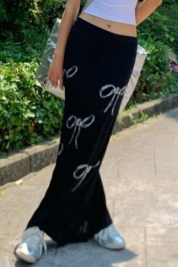 Y2K Grunge Bow Print Maxi Skirt - Retro 90s Fashion, Summer Y2K Outfits, Pastel Goth Style