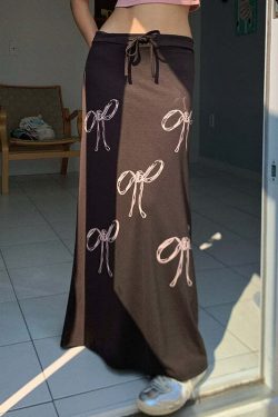 Y2K Grunge Bow Print Maxi Skirt - Retro 90s Fashion, Summer Y2K Outfits, Pastel Goth Style