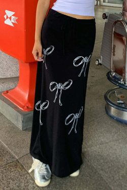Y2K Grunge Bow Print Maxi Skirt - Retro 90s Fashion, Summer Y2K Outfits, Pastel Goth Style