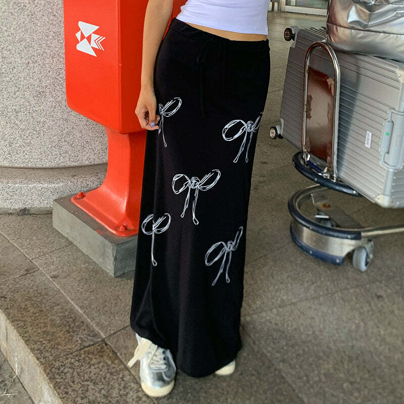 Y2K Grunge Bow Print Maxi Skirt - Retro 90s Fashion, Summer Y2K Outfits, Pastel Goth Style