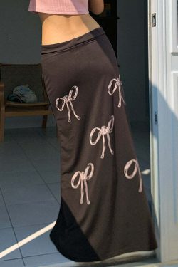 Y2K Grunge Bow Print Maxi Skirt - Retro 90s Fashion, Summer Y2K Outfits, Pastel Goth Style
