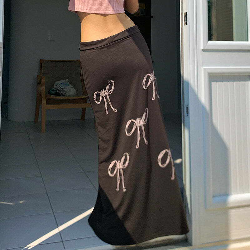 Y2K Grunge Bow Print Maxi Skirt - Retro 90s Fashion, Summer Y2K Outfits, Pastel Goth Style