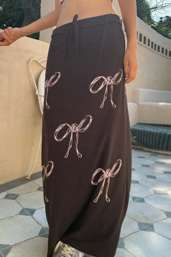 Y2K Grunge Bow Print Maxi Skirt - Retro 90s Fashion, Summer Y2K Outfits, Pastel Goth Style