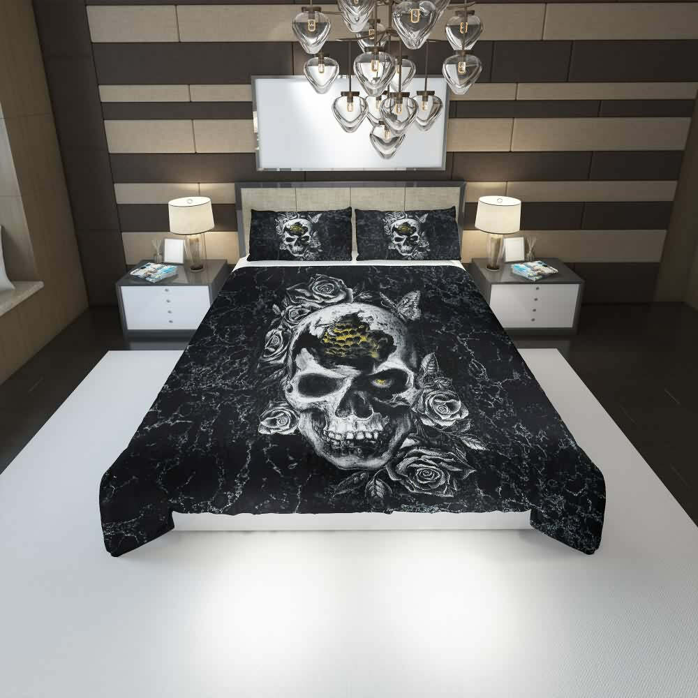 Y2K Grunge Broken Skull Rose Duvet Cover Set - Retro 90s Goth Pastel Goth Summer Bedding