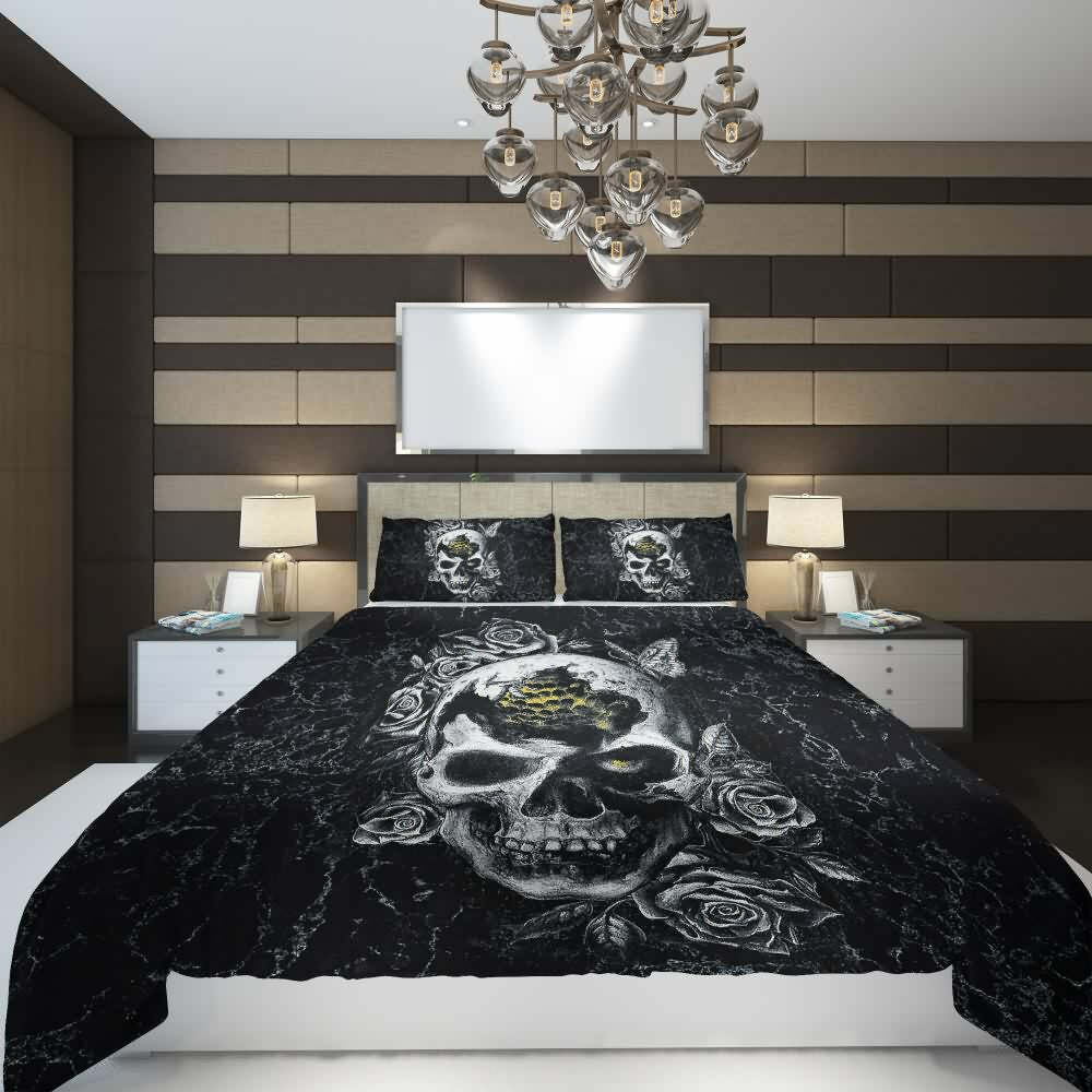 Y2K Grunge Broken Skull Rose Duvet Cover Set - Retro 90s Goth Pastel Goth Summer Bedding