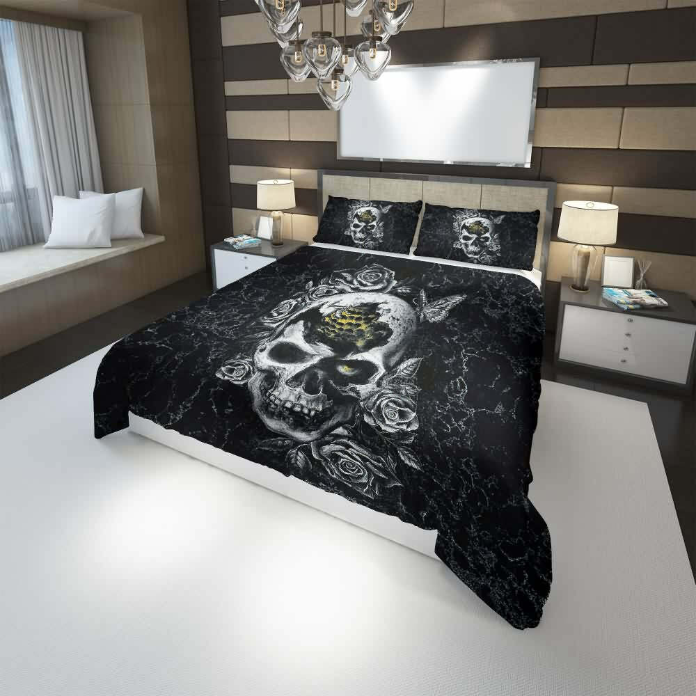 Y2K Grunge Broken Skull Rose Duvet Cover Set - Retro 90s Goth Pastel Goth Summer Bedding