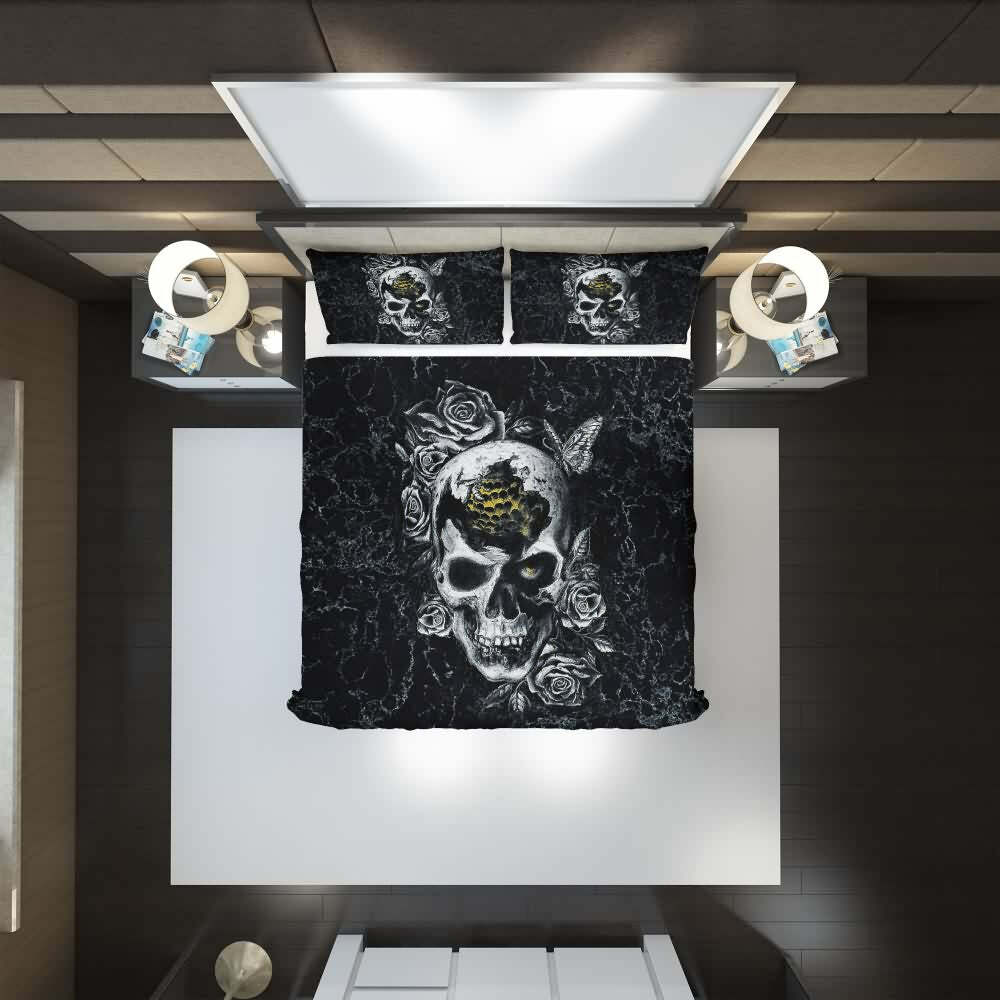Y2K Grunge Broken Skull Rose Duvet Cover Set - Retro 90s Goth Pastel Goth Summer Bedding