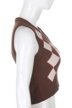 Y2K Grunge Brown Argyle Vest Sweater - Retro 90s Fashion, Summer Y2K Outfits, Pastel Goth Style