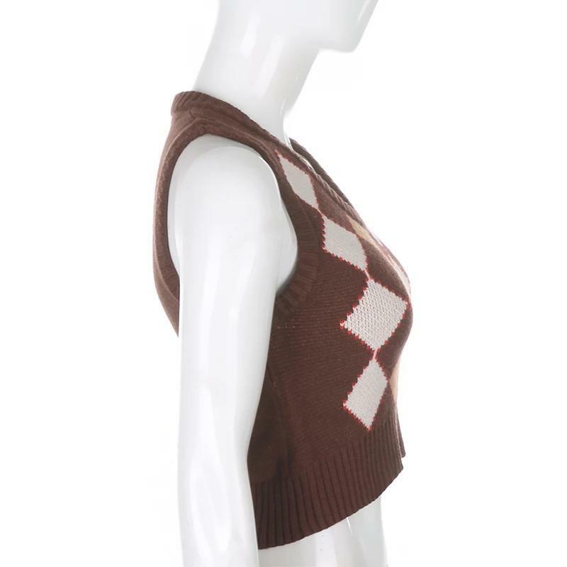 Y2K Grunge Brown Argyle Vest Sweater - Retro 90s Fashion, Summer Y2K Outfits, Pastel Goth Style