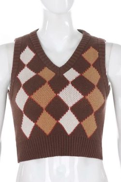 Y2K Grunge Brown Argyle Vest Sweater - Retro 90s Fashion, Summer Y2K Outfits, Pastel Goth Style