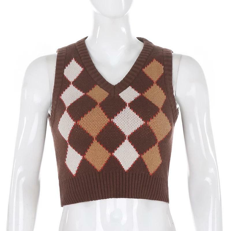 Y2K Grunge Brown Argyle Vest Sweater - Retro 90s Fashion, Summer Y2K Outfits, Pastel Goth Style