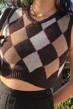 Y2K Grunge Brown Argyle Vest Sweater - Retro 90s Fashion, Summer Y2K Outfits, Pastel Goth Style