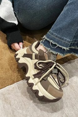 Y2K Grunge Brown Chunky Sneakers - Retro 90s Hip Hop Fashion, Perfect for Y2K Summer Outfits
