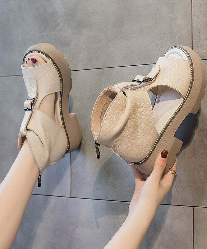 Y2K Grunge Brown Cowhide Leather Platform Chunky High Heel Hollow Out Wedge Sandals
