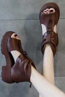 Y2K Grunge Brown Cowhide Leather Platform Chunky High Heel Hollow Out Wedge Sandals