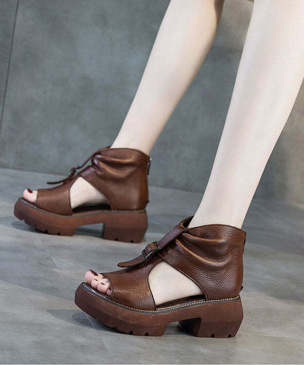 Y2K Grunge Brown Cowhide Leather Platform Chunky High Heel Hollow Out Wedge Sandals