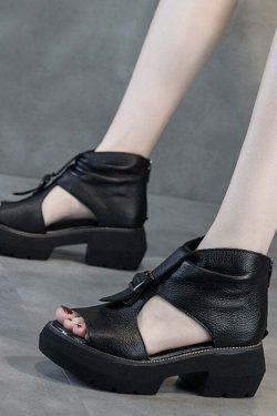 Y2K Grunge Brown Cowhide Leather Platform Chunky High Heel Hollow Out Wedge Sandals