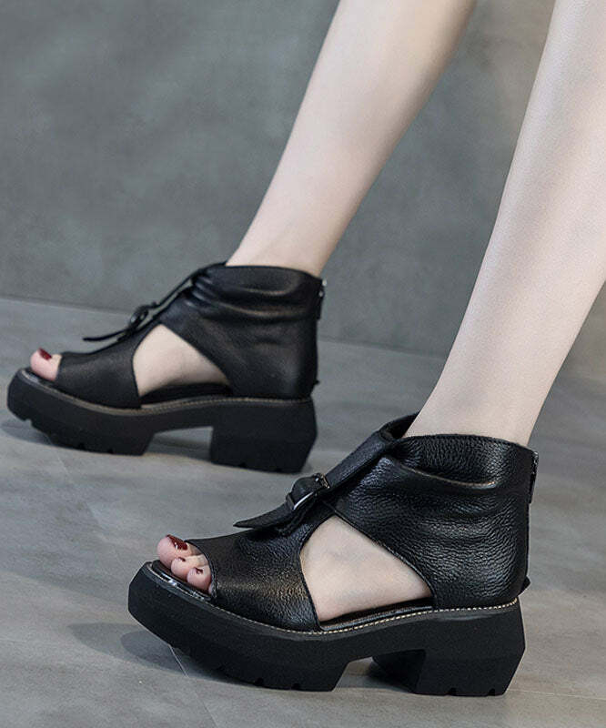 Y2K Grunge Brown Cowhide Leather Platform Chunky High Heel Hollow Out Wedge Sandals
