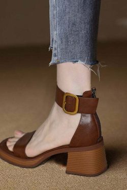Y2K Grunge Brown Peep Toe Chunky Sandals with Buckle Strap and Zippered Splicing