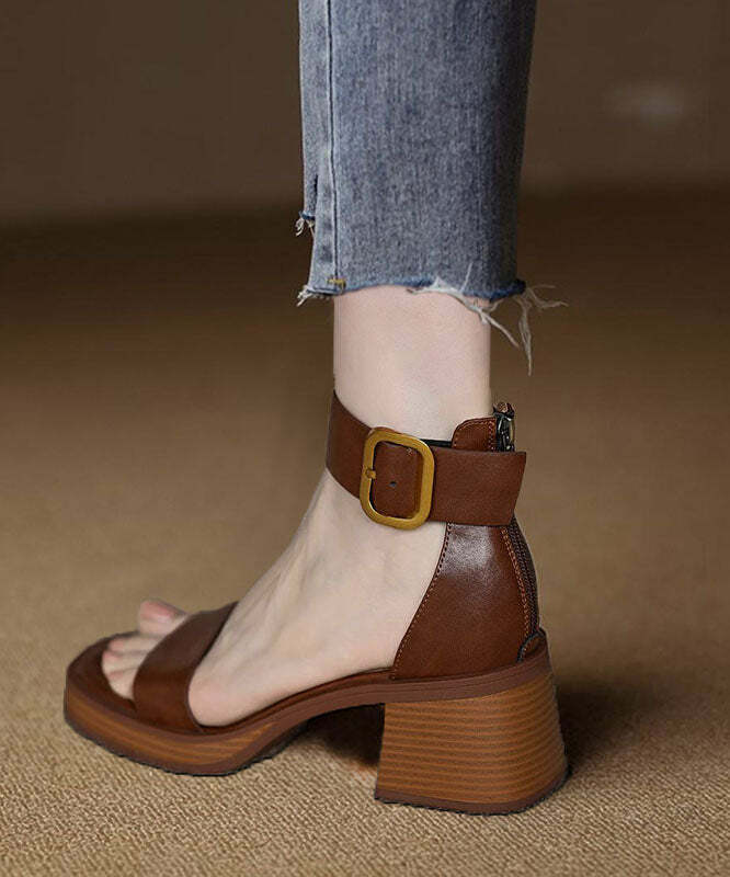 Y2K Grunge Brown Peep Toe Chunky Sandals with Buckle Strap and Zippered Splicing