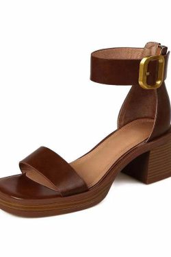 Y2K Grunge Brown Peep Toe Chunky Sandals with Buckle Strap and Zippered Splicing