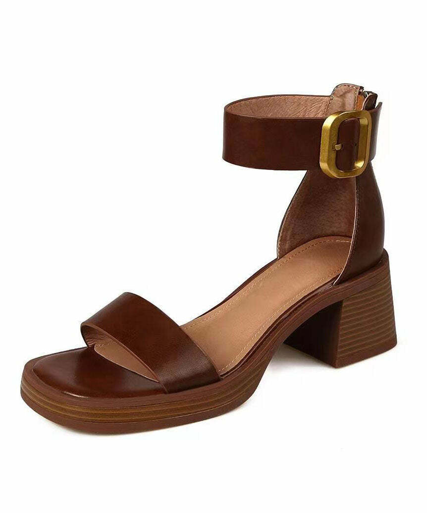 Y2K Grunge Brown Peep Toe Chunky Sandals with Buckle Strap and Zippered Splicing