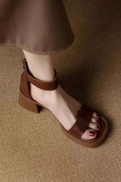 Y2K Grunge Brown Peep Toe Chunky Sandals with Buckle Strap and Zippered Splicing