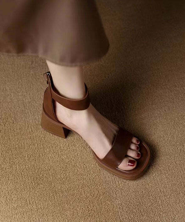 Y2K Grunge Brown Peep Toe Chunky Sandals with Buckle Strap and Zippered Splicing