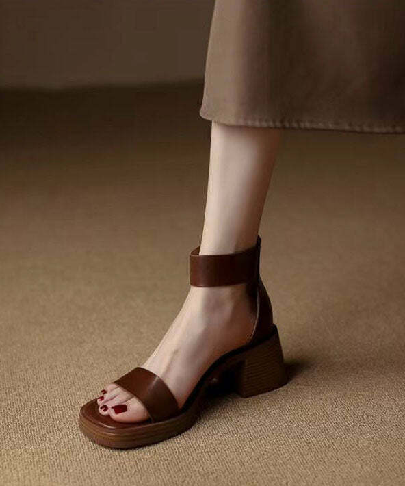 Y2K Grunge Brown Peep Toe Chunky Sandals with Buckle Strap and Zippered Splicing