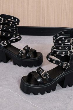 Y2K Grunge Buckle Strap Sandals - Retro 90s Fashion, Summer Y2K Outfits, Gothic Y2K Style