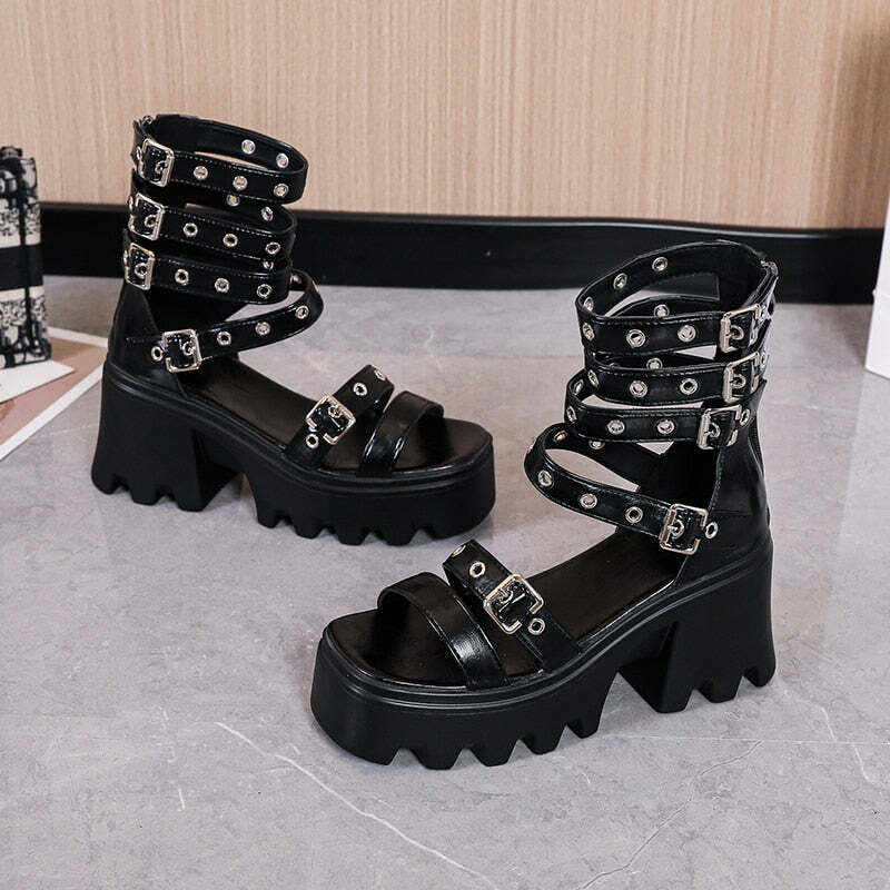 Y2K Grunge Buckle Strap Sandals - Retro 90s Fashion, Summer Y2K Outfits, Gothic Y2K Style