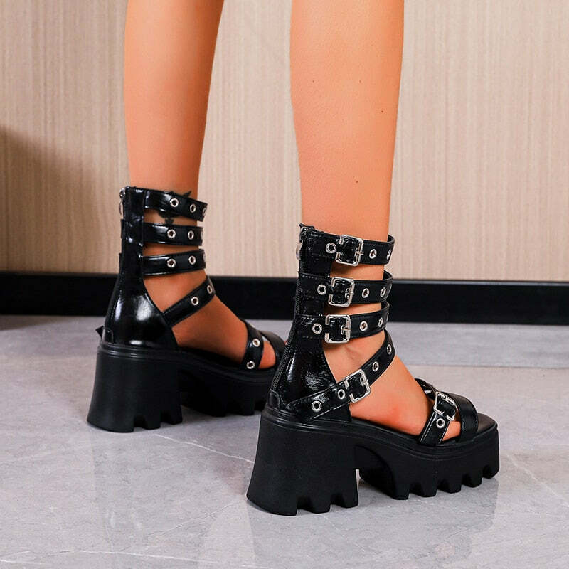 Y2K Grunge Buckle Strap Sandals - Retro 90s Fashion, Summer Y2K Outfits, Gothic Y2K Style
