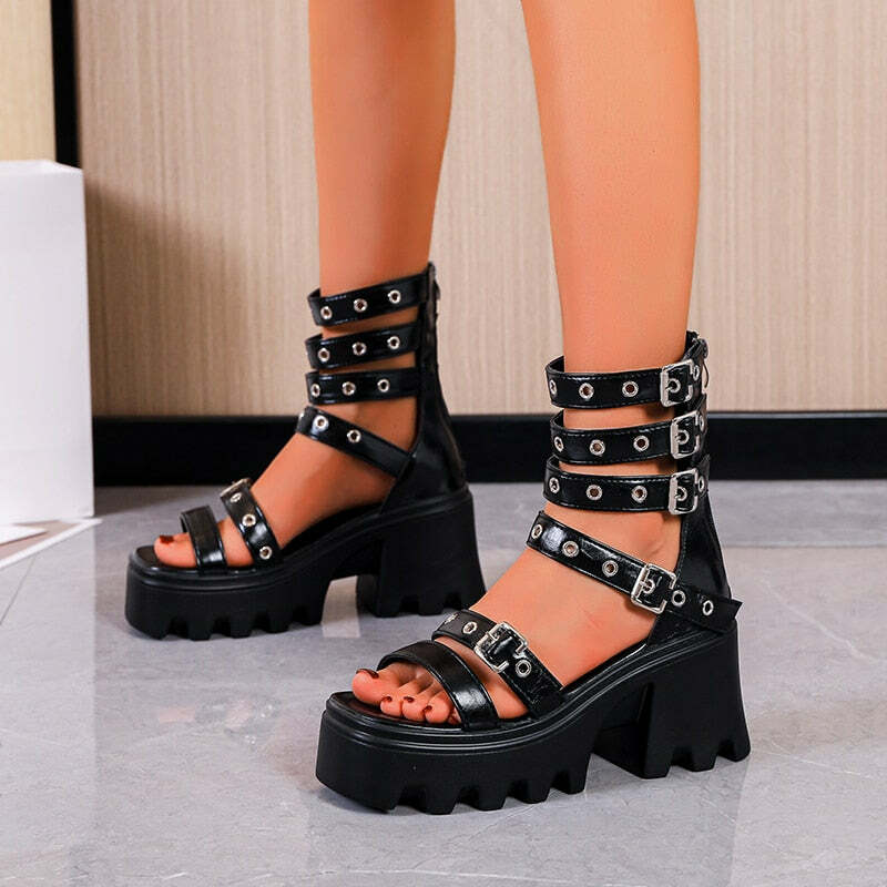 Y2K Grunge Buckle Strap Sandals - Retro 90s Fashion, Summer Y2K Outfits, Gothic Y2K Style