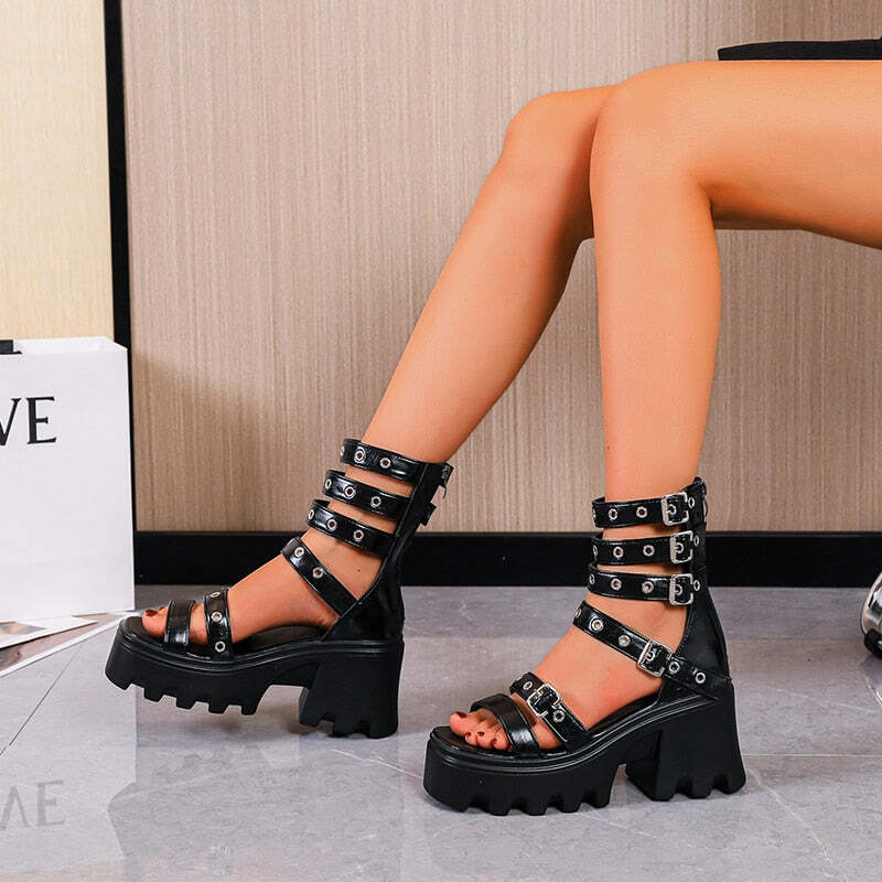 Y2K Grunge Buckle Strap Sandals - Retro 90s Fashion, Summer Y2K Outfits, Gothic Y2K Style