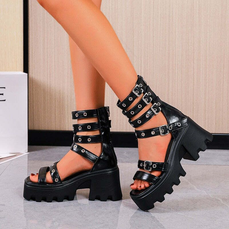 Y2K Grunge Buckle Strap Sandals - Retro 90s Fashion, Summer Y2K Outfits, Gothic Y2K Style
