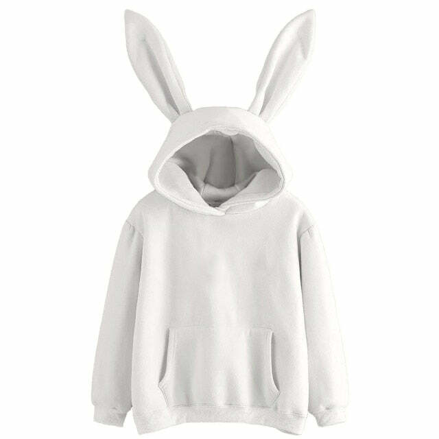 Y2K Grunge Bunny Ears Hoodie - White | 90s Retro, Summer Y2K Outfits, Pastel Goth Style