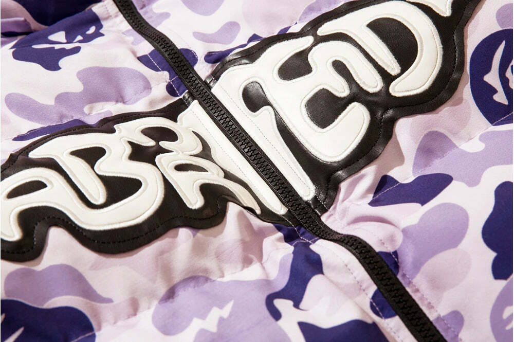 Y2K Grunge Camo Devil Puffer Jacket - Retro 90s Fashion, Summer & Party Outfits