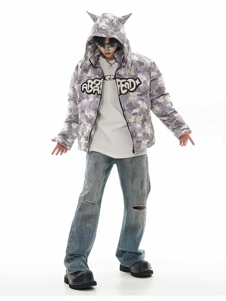Y2K Grunge Camo Devil Puffer Jacket - Retro 90s Fashion, Summer & Party Outfits