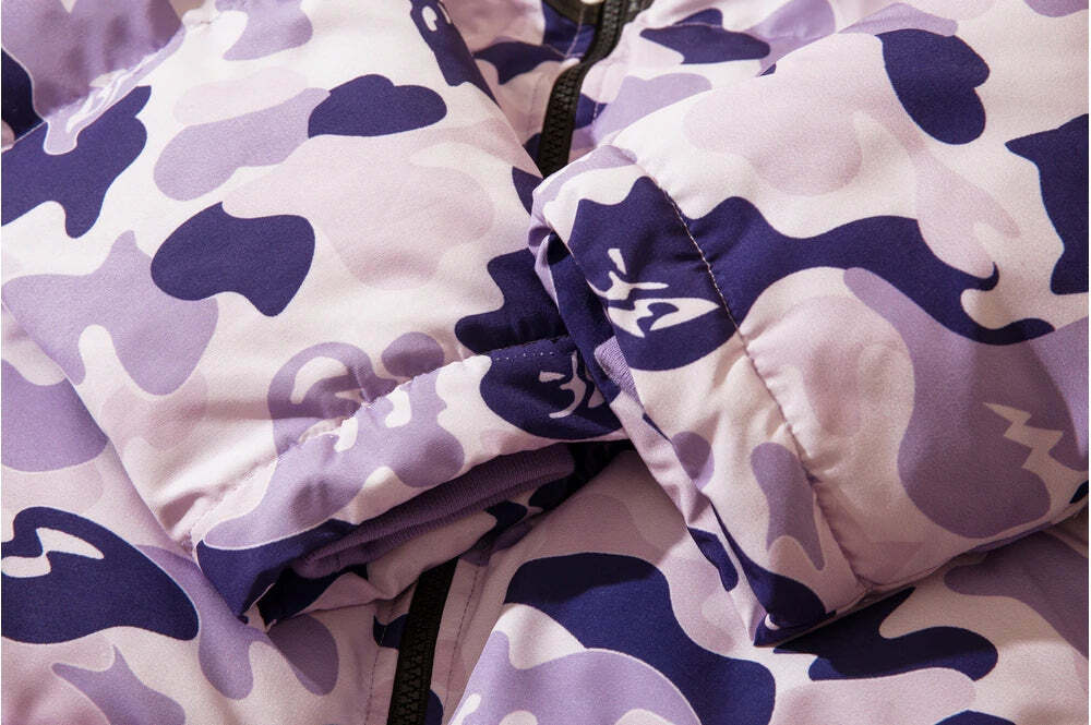 Y2K Grunge Camo Devil Puffer Jacket - Retro 90s Fashion, Summer & Party Outfits