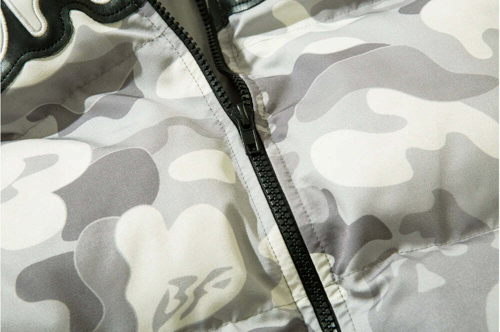 Y2K Grunge Camo Devil Puffer Jacket - Retro 90s Fashion, Summer Y2K Outfits, Gothic Y2K Style