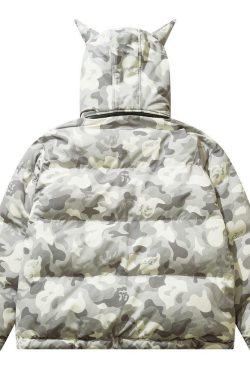 Y2K Grunge Camo Devil Puffer Jacket - Retro 90s Fashion, Summer Y2K Outfits, Gothic Y2K Style
