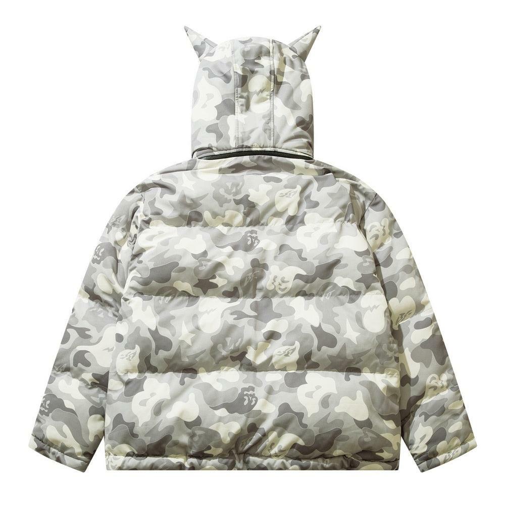 Y2K Grunge Camo Devil Puffer Jacket - Retro 90s Fashion, Summer Y2K Outfits, Gothic Y2K Style