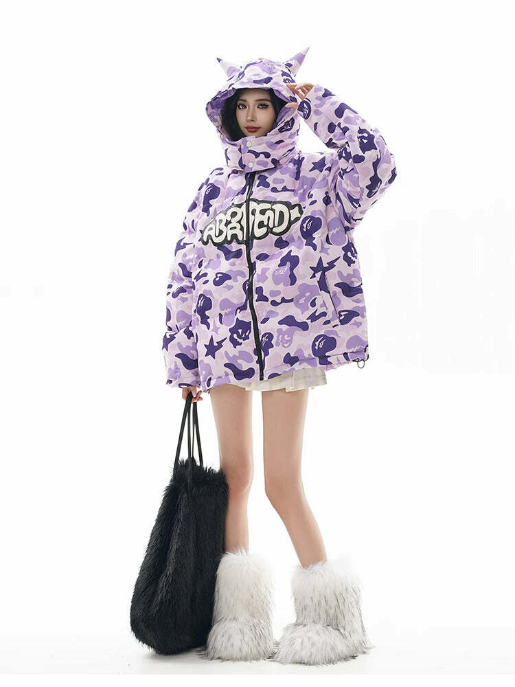 Y2K Grunge Camo Devil Puffer Jacket - Retro 90s Fashion, Summer Y2K Outfits, Gothic Y2K Style